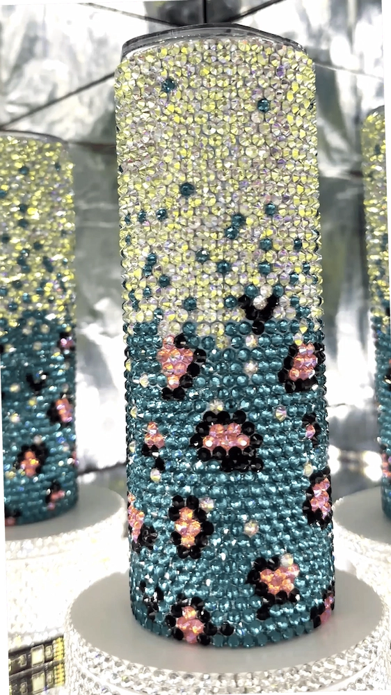 Leopard Rhinestone Tumbler – Aqua and Silver